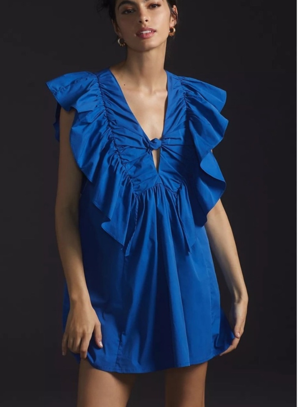 Anthropologie Cobalt Blue Ruffle V-Neck Mini Dress